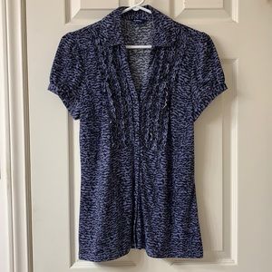 🌷3 for$25🌷Reitmans, US S, Purple & Black Camo Ruffle Front Button Down Blouse
